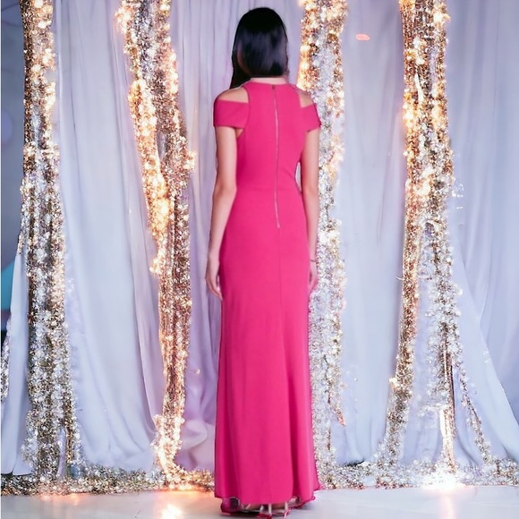 $320 ABS Allen Schwartz Shoulder Cut Out Gown Medium Pink Formal Deep Front Slit - Picture 5 of 15
